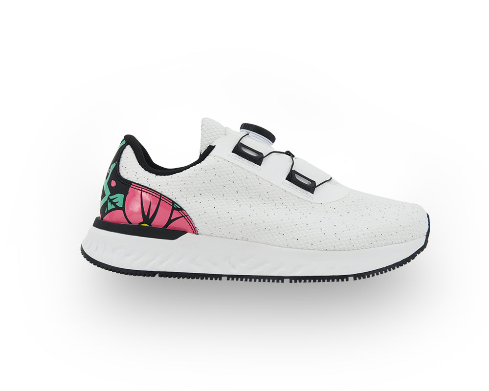 White sneaker with floral design on a white background
