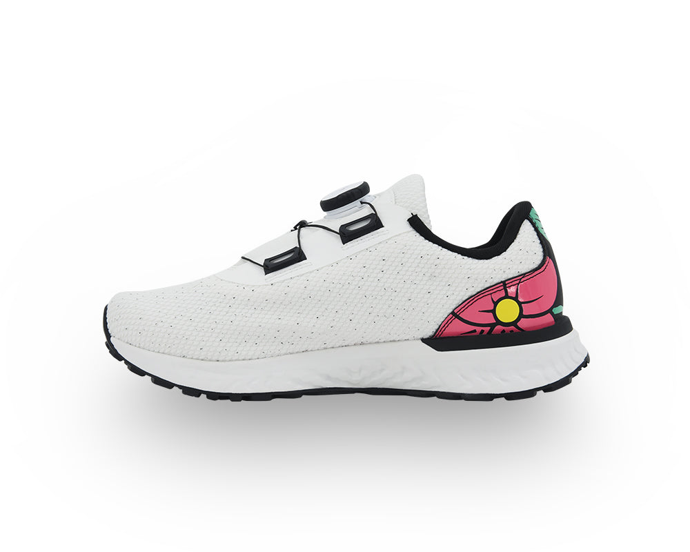 White indoor cycling shoes with a colorful design on a white background