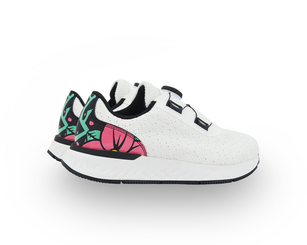 White indoor cycling shoes with colorful floral design on a white background