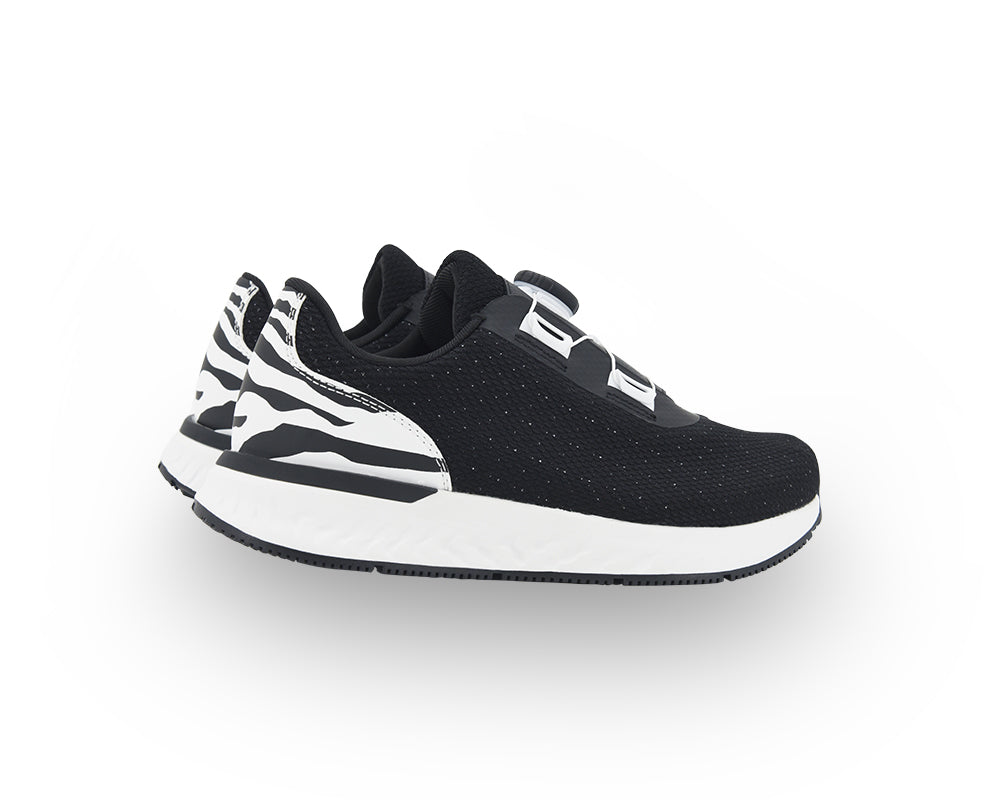 Black and white Zebra indoor cycling shoe on a white background