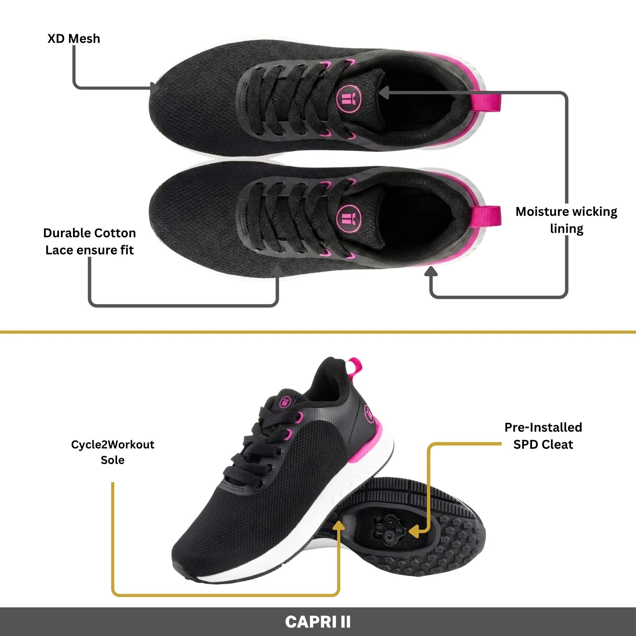Capri II Black - Indoor Cycling - SPD Cleats Included