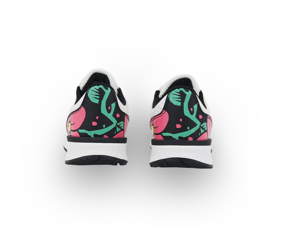 Pair of indoor cyling shoes with colorful designs on a white background