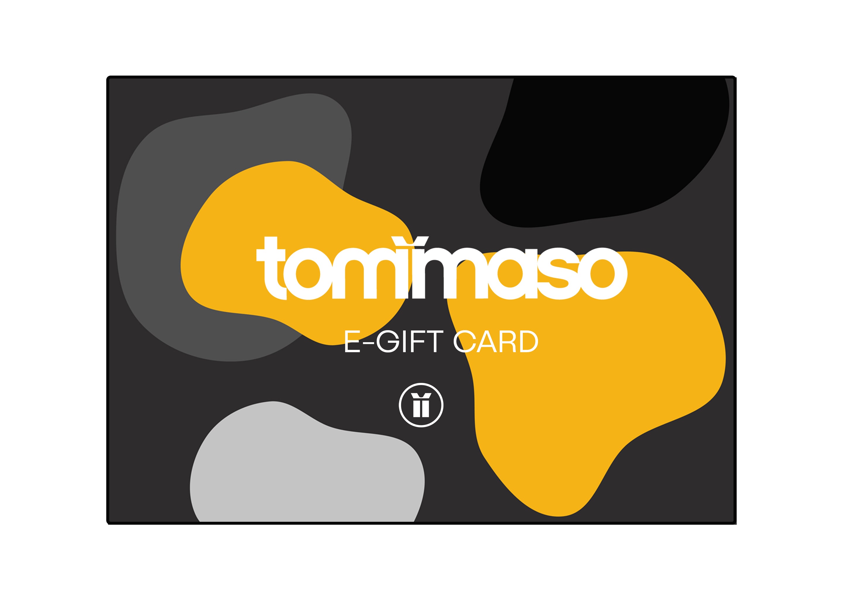 tommaso e-gift card with abstract shapes on a black background