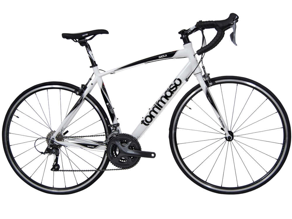 White Tommaso Imola road bike with rim brakes and Shimano Claris groupset